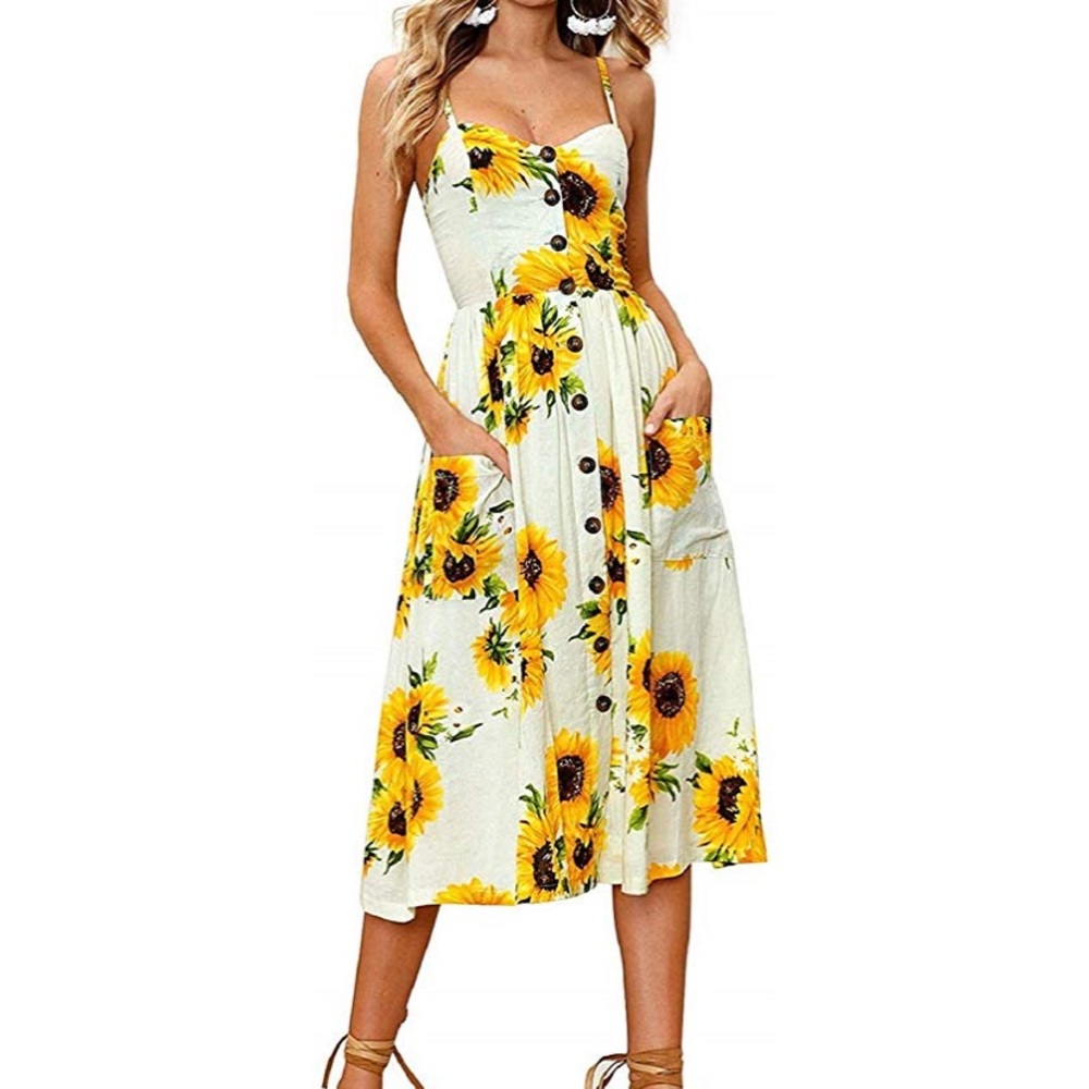 White Sunflower Button Down Dress